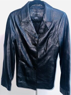 Trina Turk Black Leather Button-Front Jacket